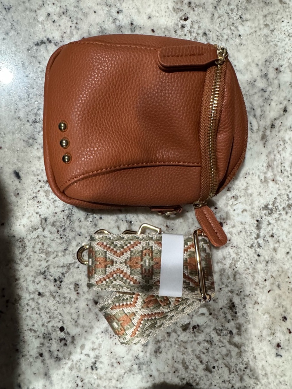 Leather Crossbody Bag with Patterned Strap - Rust